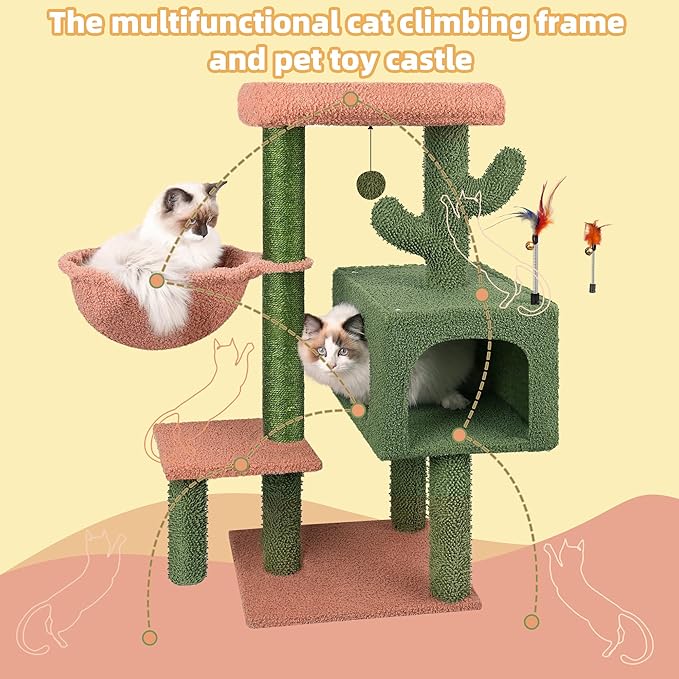 AIWIKIDE Cactus Cat Tree has Scratching Toy with a Ball Activity Centre Cat Tower Furniture Jute-Covered Scratching Posts, Green …