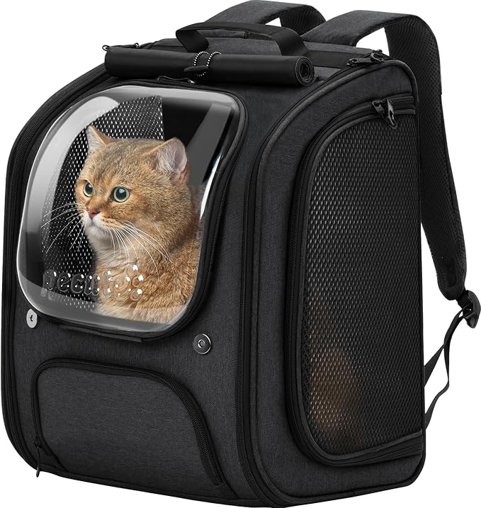 Pecute Cat Backpack Carrier,Large Space Cat Bubble Backpack,Ergonomic,Black | Sunshade Curtain,Transparent Window,Safety Rope,Sturdy,Large Mesh on Both Sides for Breathability,Suitable for Outdoor,Vet
