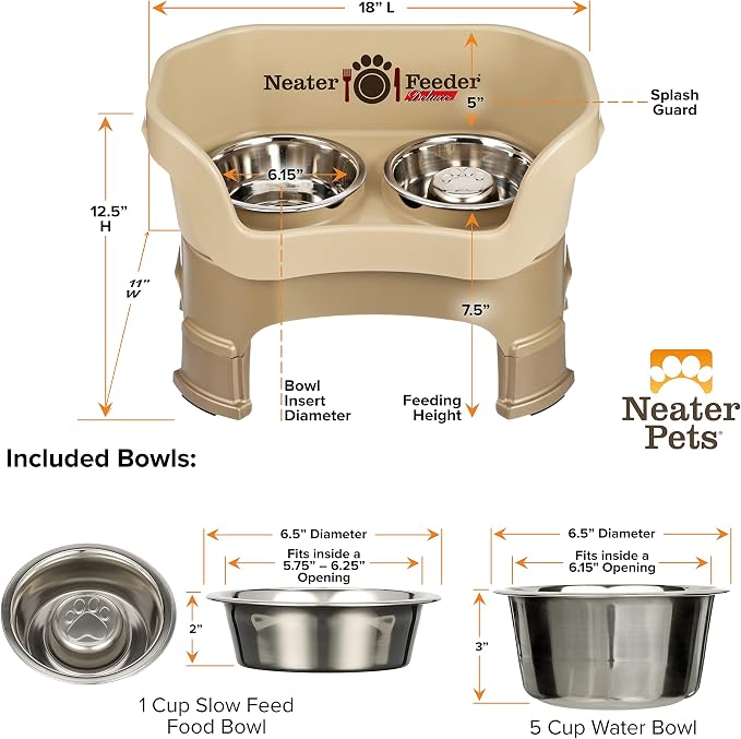 Neater Feeder Deluxe Mess-Proof Elevated Dog Bowls for Medium Dogs (19–40 lbs), 2 Height Adjustable (10” & 12.5”) No-Spill Raised Dog Bowl Stand w/Slow Feed Bowl for Food, Made in USA, Cappuccino