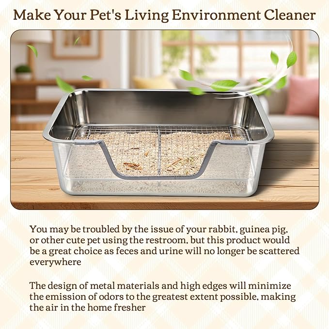 Rypet Large Rabbit Litter Box, Bunny Litter Box High Side with 304 Stainless Steel Sifting Tray, Metal Small Animal Litter Pan with Pet Food Bowl and Water Bottle, Non-Slip Easy to Clean Odor Control