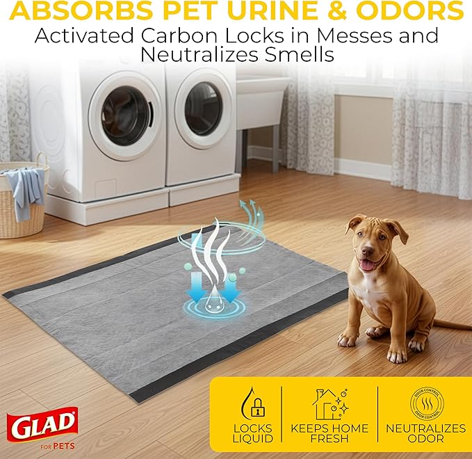 Glad for Pets Extra Large Charcoal Dog Training Pads, Absorbent Leak Proof Pee Pads for Dogs and Puppies, Odor Control Potty Pads with Activated Carbon, 28 x 30 Inches, 30 Count - 6 Pack