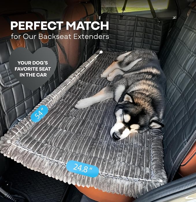Dog Bed for Car Back Seat Extender - Non-Slip Backseat Cushion for Dogs - Travel Plush Pet Mat Topper for Cars, Trucks, SUVs - Machine Washable Pad Blanket - Black, 54" x 24.8"