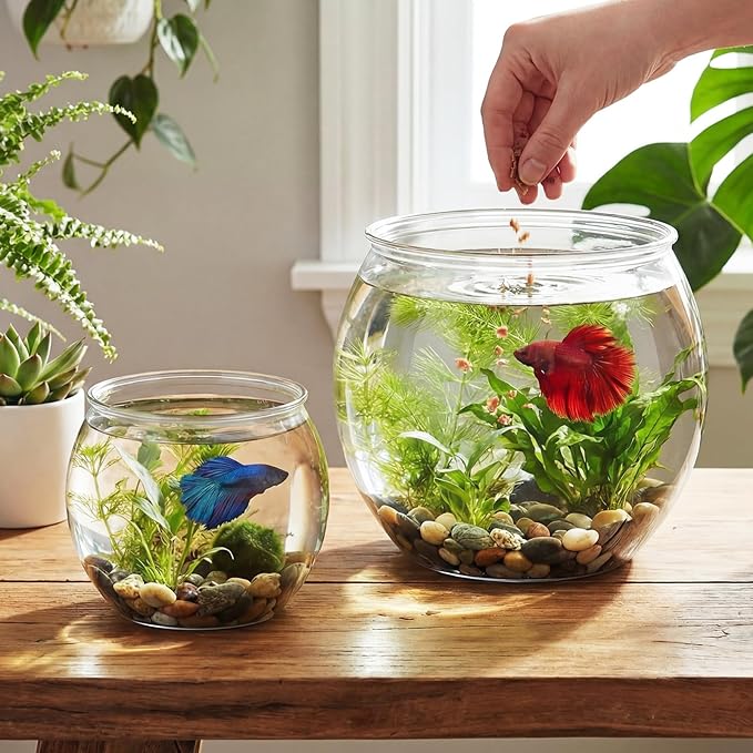 Geelin 2 Pcs 1.5 Gallon + 0.8 Gallon Plastic Fish Tank Large Bowl Shatterproof with Crystal Clear Clarity for Terrarium, Flower Vase Centerpiece Gift for Fish Lovers