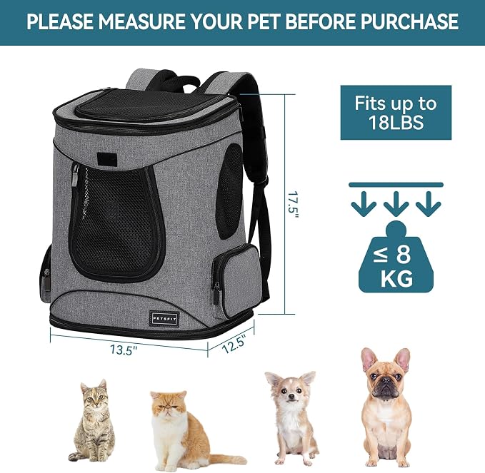Petsfit Dog and Cat Backpack Carrier, Padded Waist Support, Up to 18 lb | 13.5 x 12.5 x 17.5 in; reinforced frame, 600D Oxford, 4 mesh panels, lockable zippers, safety tether and washable mat.