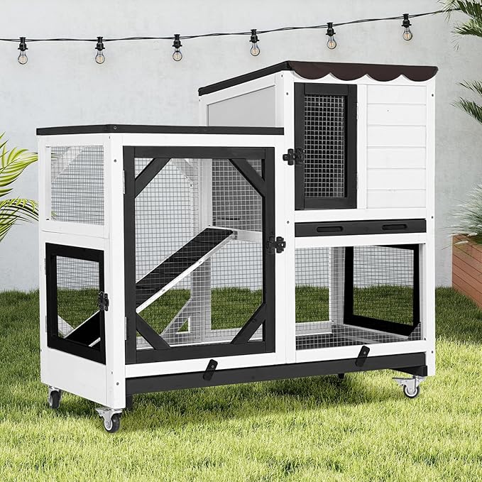 Gutinneen 2-Story Rabbit Hutch Bunny cage with Chew-Proof Ramp, Locking Leak-Proof Trays - Indoor/Outdoor 39.3" Wooden Rabbit Cage with Wheels for Rabbits, Guinea Pigs, Small Animal (Black and White)