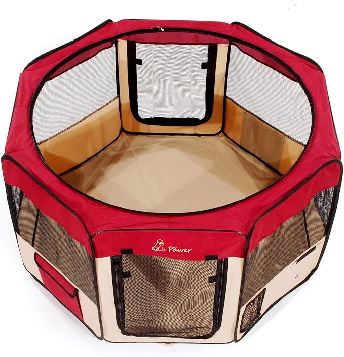 Pawer 45”×24” 8-Panel Foldable Pet Playpen, Burgundy+Beige, Personalize Embroidery Extra Fabric Piece Available, for Cat/Dog/Puppy, 600D Oxford Cloth Portable Indoor & Outdoor Kennel with Carry Bag