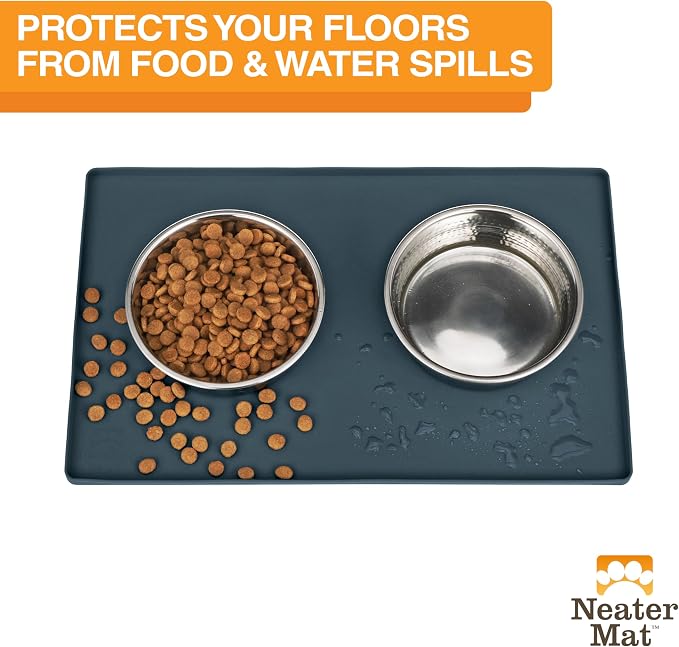 Neater Pet Brands Neater Mat Pet Mats for Food and Water, Cat & Dog Bowl Mat Waterproof Silicone, Feeding Tray, Dog Food Mats for Floors, Placemat w/Raised Edge for Under Bowls, 16” x 10”, Slate Blue