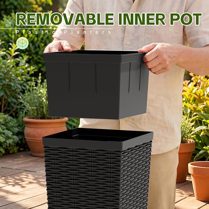 Devoko Resin Tall Planters for Outdoor Plants Set of 2, Large Taper Outdoor Planter Pots with 4 Drainage Holes, Flower Pots Modern Decor for Porch, Patio, Backyard, Garden(Black, 30'' with Trays)