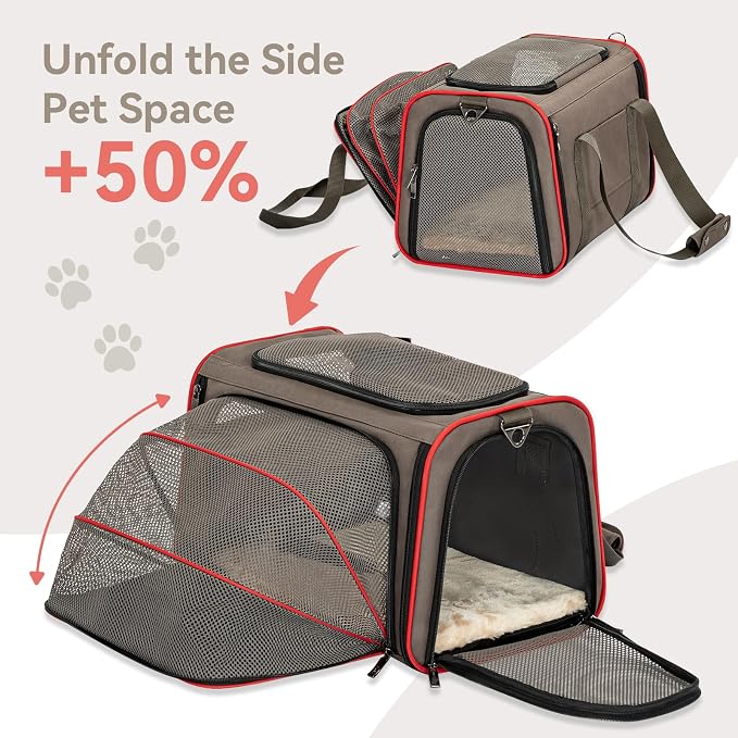 Petsfit Expandable Cat Carrier Dog Carriers,Airline Approved Soft-Sided Portable Pet Travel Washable Carrier for Kittens,Puppies,Removable Soft Plush mat and Pockets,Locking Safety Zippers | 17 x 11 x 11 in; sized for Delta Air Lines, with locking zipp...