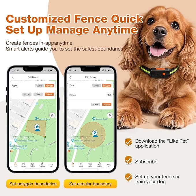 Wireless GPS Dog Fence Collar, Real-Time Dog Tracker with Health Monitor, Custom Virtual Fence, No Base Station Needed, Activity Tracking App, Waterproof
