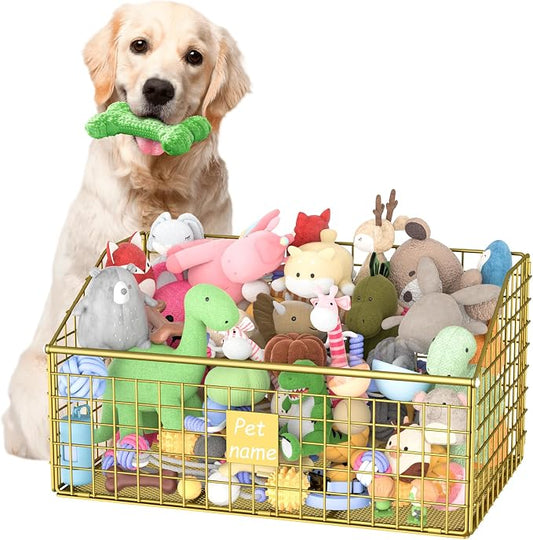Kaiferty Indestructible Dog Toy basket, Large Toy Bin for Dogs,Pet Toy Bin Dog Metal Basket Organizer Storage for Toys Food Storage (Gold)