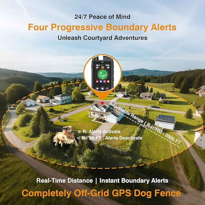 Completely Off-Grid 3-in-1 GPS Dog Fence with Real-Time Tracking: No Subscription, App-Free, Self-contained, Dual-GPS, Training Collar, Customizable Boundary with Four Progressive Alerts, Black