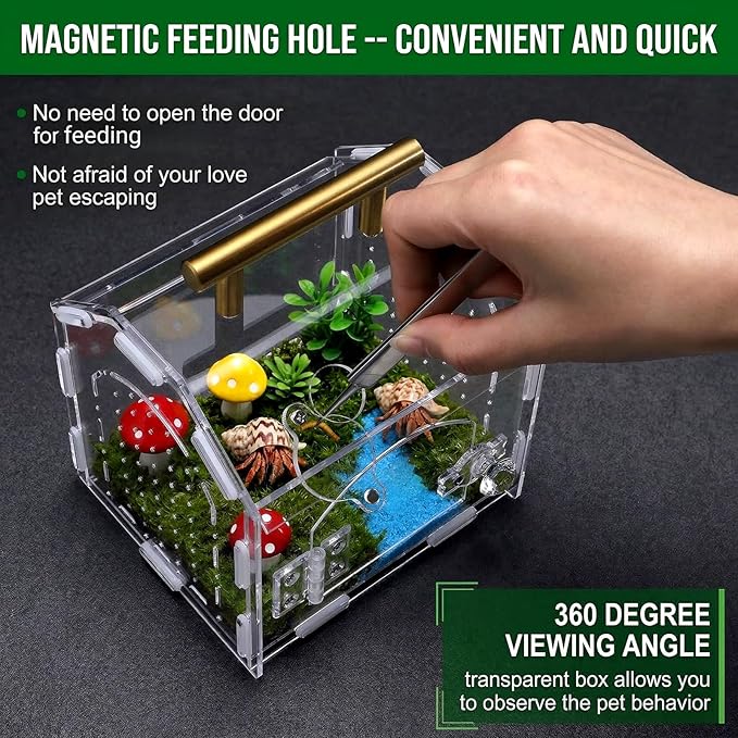 Tlence Jumping Spider Enclosure with Handle, Acrylic Reptile Habitat with One-Click Magnetic Closure, Front Opening Small Terrarium with Ventilation Holes for Tarantulas, Frogs, Gecko, Mantis