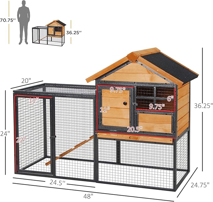 PawHut 2-Level Rabbit Hutch Bunny House with Weatherproof Hinged Asphalt Roof, Removable Tray and Ramp for Outdoor