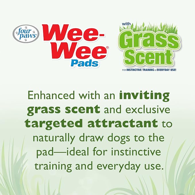 Four Paws Wee-Wee Ultimate Attractant Dog Pee Pads, Grass Scent, 10 Count | Smells like real grass, leak-proof puppy pads, dog housebreaking & potty training, 24-hour floor protection, 22" x 23"