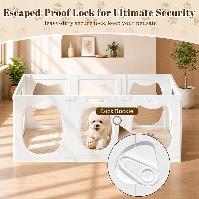 Clear Acrylic Dog Playpen Indoor with Toy & Door (24" H, 10 Panels, White) | Transparent Puppy Playpen for Dogs, Cats, Rabbits or Small Pets, Indoor Modern Dog Play Pen for Home, Easy Clean & Assemble