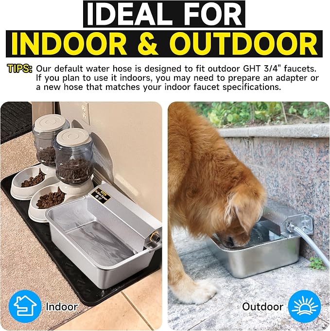 Automatic Water Dispenser for Dogs, 2 Gallon 304 Stainless Steel Large Dog Water Bowl Dispenser for Indoor/Outdoor, Pets & Livestock Self-Filling Waterer, Fits GHT 3/4" Faucet, Easy to Clean