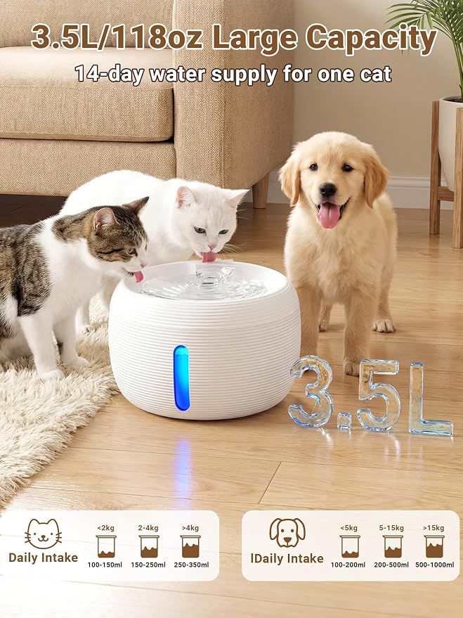 Kastty 3.5L Cat Water Fountain Quiet Cat Fountain for Small Animals FS77 | White Pet Water Fountain for Cats Indoor-Cat Water Dispenser with Visual Water Level - Pets Watering Supplies for Drinking