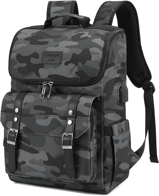 YALUNDISI Vintage Backpack Travel Laptop Backpack with usb Charging Port for Women & Men College Backpack Fits 15.6 Inch Laptop Camouflage Gray