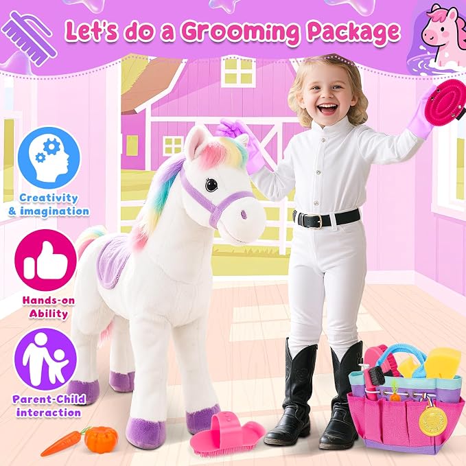 deAO Horse Grooming Brush Kit 12Pcs Horse Tack with Tote Bag,Care Tool,Pink | Realistic Horse Cleaning Playset,Includes Gloves,Tail Comb,Body Brush,Gift for Horse Riders Beginners for Boys Girls Ages3+