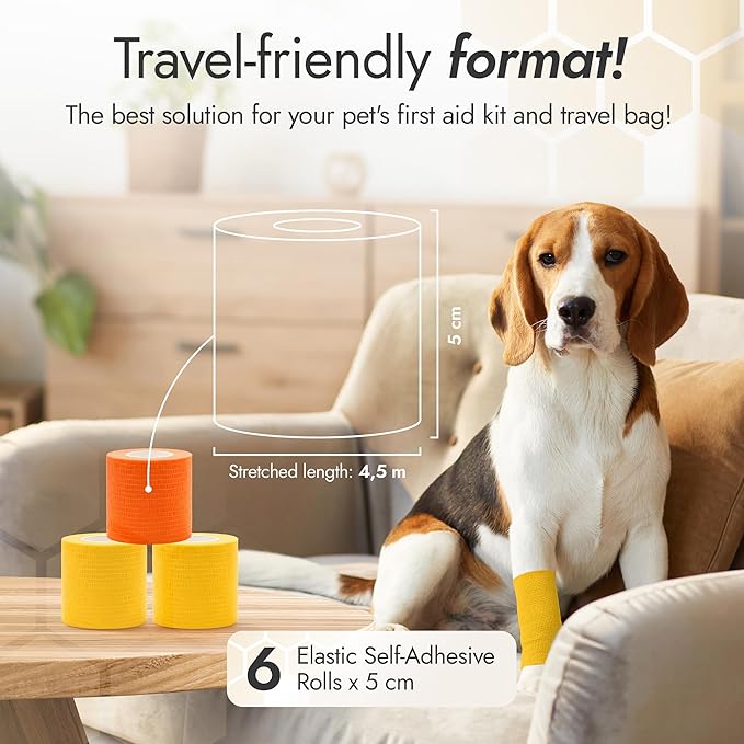 Self-Adhering Cat and Dog Wound Care Bandages – 6 pcs x 5 cm Set of Elastic Dog Bandages for Wounds Prevent Licking and Scratching – Made from Breathable Rubber Latex