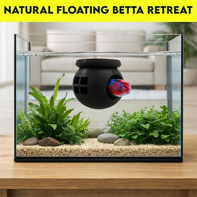 Floating Cozy Betta House, Natural Floating Betta Hide Out, Aquarium Fish Hammock, Relaxing & Stress Relief, Suction Cup Included, 2.9" W x 2.6" H (Black)