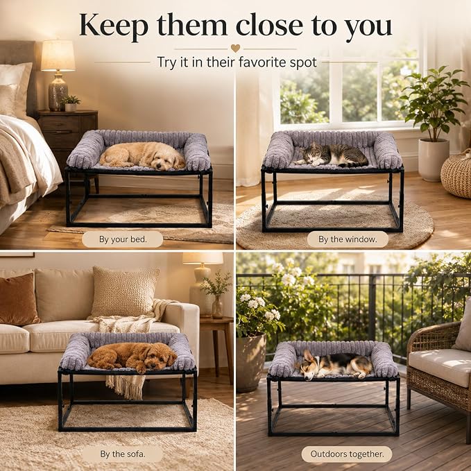 Adjustable Bedside Dog Bed for Medium Dogs | Elevated Co-Sleeper Dog Bed with Metal Frame, Thick Supportive Cushion Mattress & Washable Cover, Dog Bedside Sleeper