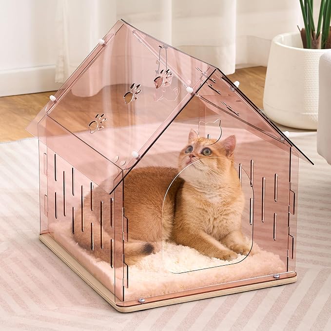 Acrylic Cat House for Indoor Cats, Transparent Cat Bed Cave with Plush Cushion & Hanging Toys, Modern Ventilated Cat Condo with Sturdy Wooden Base for Adult Cats & Kittens up to 15 lbs, Pink