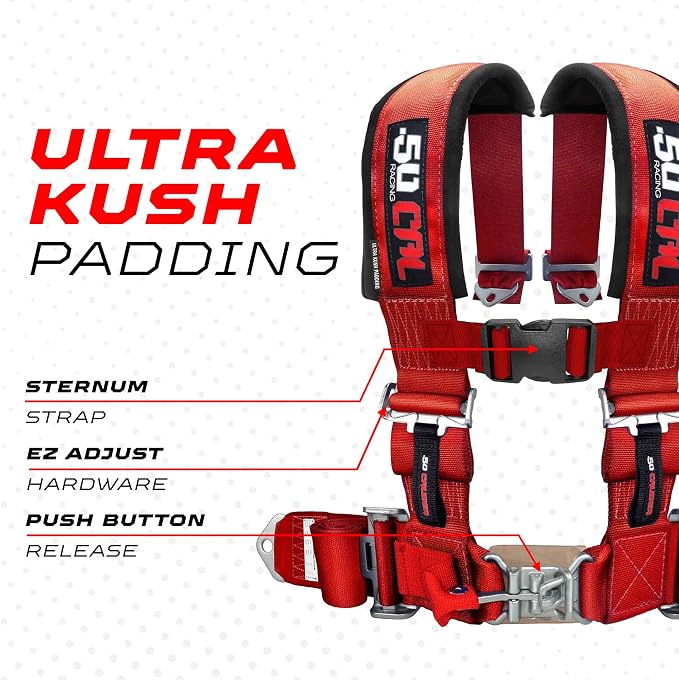 1pc 50 Cal Red 4 Point Harness 2" straps, Racing Harness Seat Belt | Ultra Kush padding, Push Button quick release hardware. Universal Fit for UTV, RZR, race car