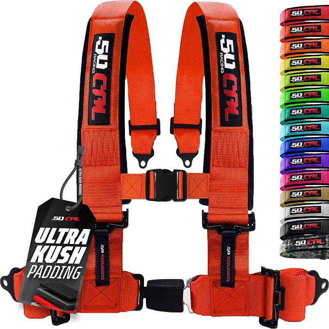 1pc 50 Cal Orange 4 Point Harness 3in Straps, Racing Harness Seat Belt | Ultra Kush padding, Push Button quick release hardware. Universal Fit for UTV, RZR, race car.