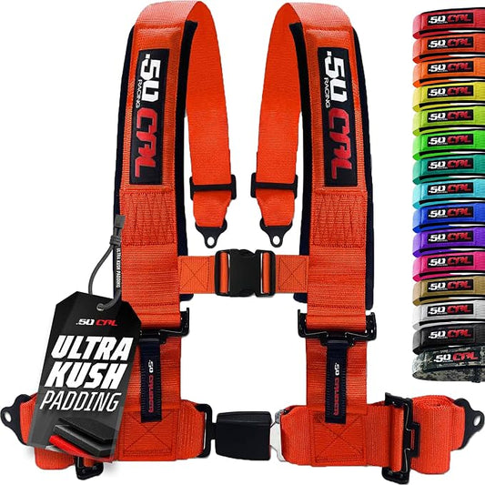1pc 50 Cal Orange 4 Point Harness 3in Straps, Racing Harness Seat Belt | Ultra Kush padding, Push Button quick release hardware. Universal Fit for UTV, RZR, race car.
