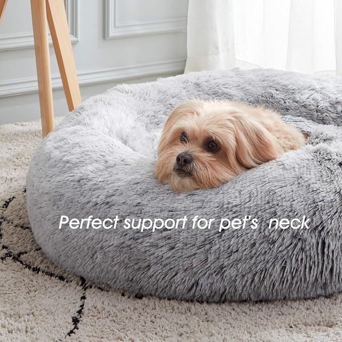 Calming Dog Bed & Cat Bed Washable Puppy Bed,24" Light Grey | Fluffy Faux Fur Round Cuddler,Anti-Anxiety,Anti-Slip Bottom,Self-Warming Pet Beds for Puppy&Small Dog&Large Cat,Up to 25 LBS