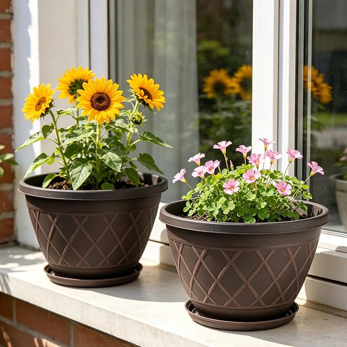 4 Pack 10 Inch Plant Pot, Planter Pots with Drainage Holes & Saucers, Modern Plaid Pattern Planters Garden Pots for Herbs, Decorative Plastic Flower Pots for Outdoor Indoor Home Plants (Brown)