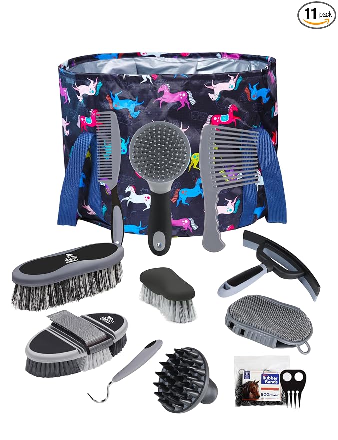 Harrison Howard Complete Horse Grooming Set, 11-Piece Advanced Daily Grooming Tools with Extra Brushes for Full Horse Care Black Brushstroke Ponies