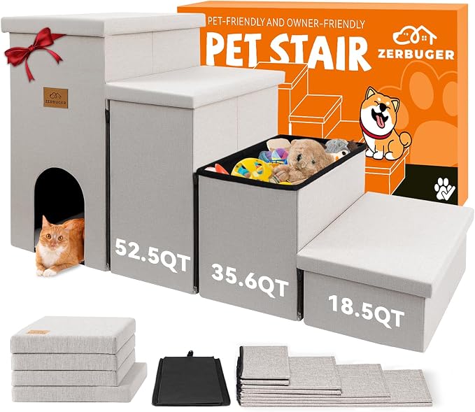 Zerbuger Dog Stairs with Storage, Beige 4 Steps Dog Ramp with Condo for Bed | 23" H Wider Dog Steps for High Beds Couch, Folding Storage Pet Stairs Gift for Climbing Small/Medium/Large Old Dogs Cats