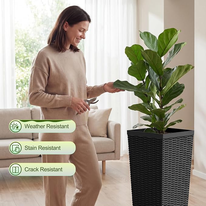 Devoko Resin Tall Planters for Outdoor Plants Set of 2, Large Taper Outdoor Planter Pots with 4 Drainage Holes, Flower Pots Modern Decor for Porch, Patio, Backyard, Home Garden (Black, 30'')