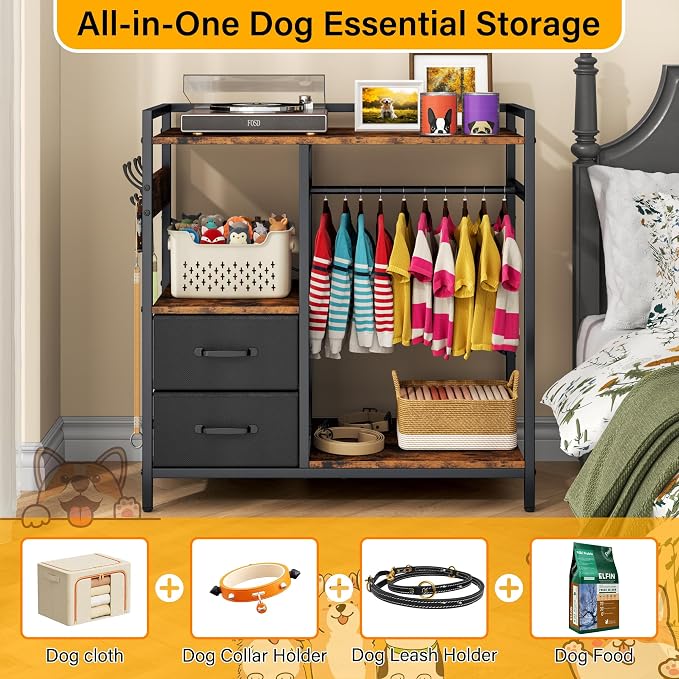 kepptory Dog Closet with Drawers & 4 Hooks, Freestanding Pet Garment Rack for Dog Clothes & Cat Accessories, Pet Supply Storage Organizer, Metal Frame Industrial Style