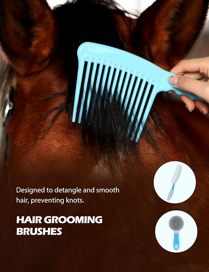 Harrison Howard Complete Horse Grooming Set, 11-Piece Advanced Daily Grooming Tools with Extra Brushes for Full Horse Care Blue Brushstroke Ponies