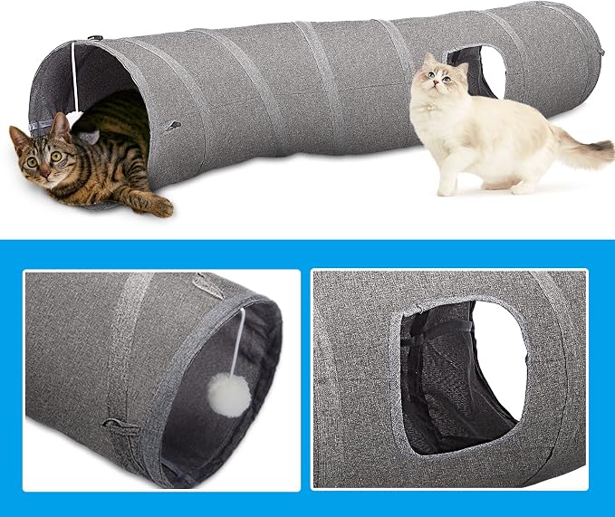 Ownpets S-Shape Cat Tunnel Toy 48"L x 10"D, for Cats, Puppies & Small Pets | Collapsible for storage, tear-resistant oxford fabric, connects to other tunnel, with peek hole, feather wand, indoor/outdoor