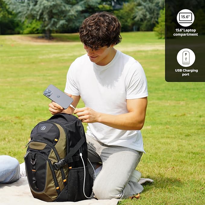 Swissdigital Design Laptop Backpack with USB Charging Port, Travel Backpack Fits 15.6 inches Computer, 31L College School Backpack for Men, Olive/Black | SD803-26