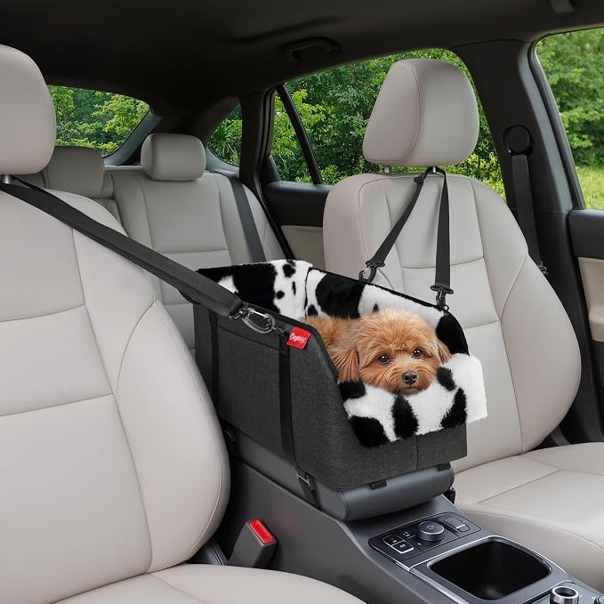 Center Console Dog Car Seat for Small Pets to 11lbs, Milk Cow | Anti-collapse armrest Console seat with washable fluffy cushion, pillow & tether for stable, cozy pet travel trips.