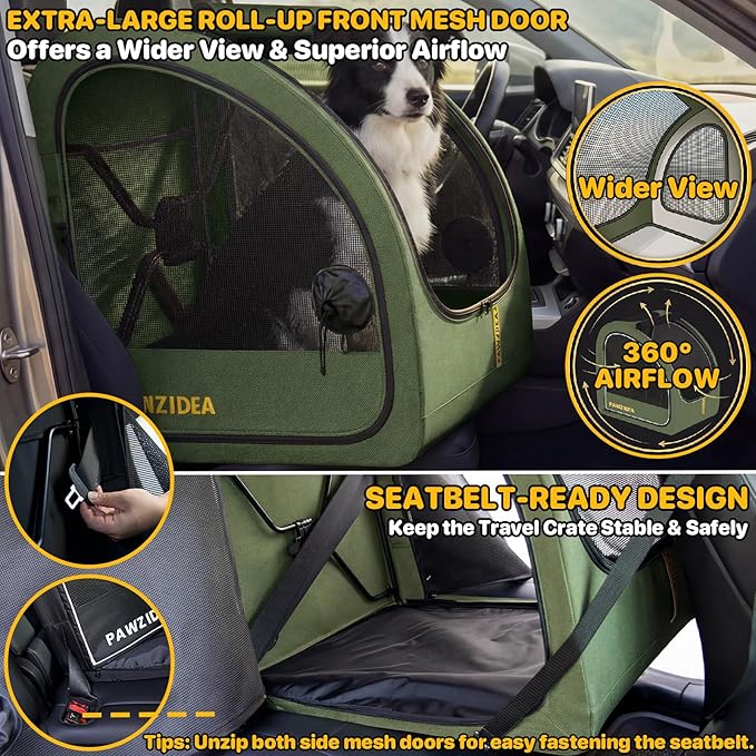 PAWZIDEA Portable Dog Crate for Car Travel, Medium & Large Dogs Up to 80lbs | Soft-Sided Dog Car Kennel for Backseat, Secures Seatbelt & Headrest Strap, Collapsible Enclosed Car Seat Carrier, Chew-Proof