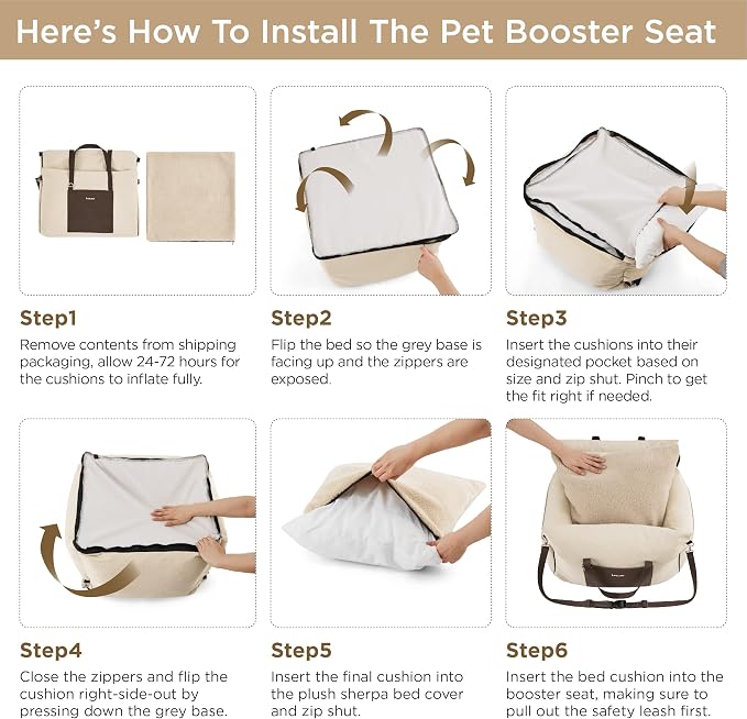 Lesure Dog Car Seat for Small Dogs,Booster Car Bed for Puppy Under 25lbs | Soft Pet Carseat with Clip-On Safety Leash and Thickened Memory Foam Filling,Dog Travel Carrier Bed with Storage Pocket,Beige