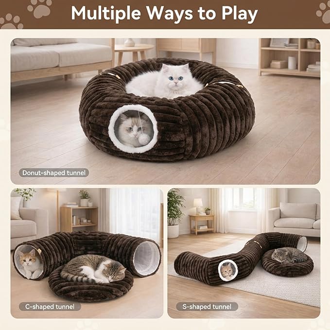 Dogpals Cat Tunnel Bed Cave 33" Lx10 Wx10 H for Indoor Cats (Coffee) | Washable Cozy Cushion, Soft Striped Plush Fabric, Hideaway Peekaboo Cave for Kittens, Puppies, Rabbits & Small Pets