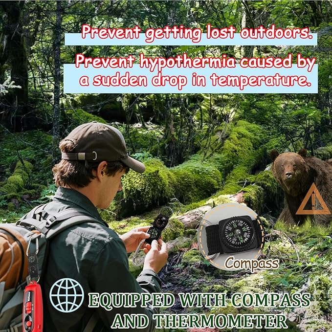 Rechargeable Bear Horn to Scare Bears, 125dB Electronic Air Horn with LED Flashlight & Compass & Thermometer, Electronic Whistle Bear Bells for Safety Hiking Camping Emergency Self Defense