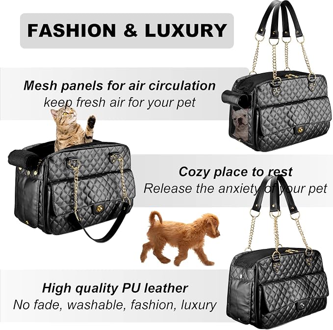 Fashion Dog Purse Carrier for Small Dogs with Large Pockets, Holds Up to 8lbs Quality PU Leather Pet Carrier, Cat Carrier, Airline Approved Puppy Purse Carrier for Travel (Black, Small Size)