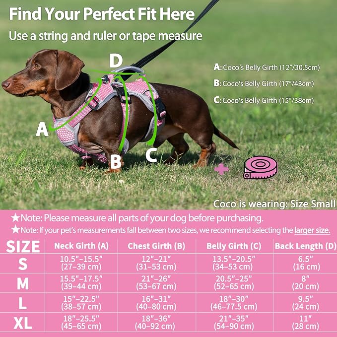 Escape Proof Dog Harness, Dachshund Harness, Reflective Dog Harness with Handle, Durable,Adjustable Vest for Small Medium Large Dogs Walking, Training, and Running Gear (Pink,L)