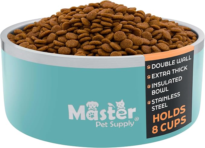 Master Pet Supply Stainless Steel Dog Bowls - 64 oz, Heavy Duty - Aqua Sky, Double Wall Extra-Thick Insulated, Non-Slip Pet Water Bowl for Dogs, Cats & Pets, Anti Rust Metal, Dish Washer Safe