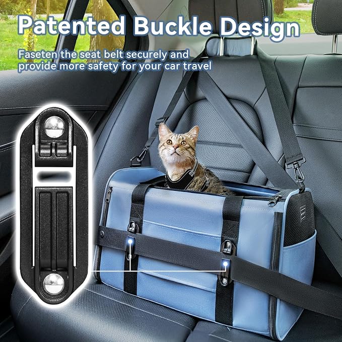 PETSFIT Cat Carrier Soft with Patented Safety Buckles, Safe for Car Travel | Lockable Zippers, Safety Tether, Escape-Resistant Pet Carrier for Vet Visits, Airline Approved Under-Seat, Up to 12 lbs