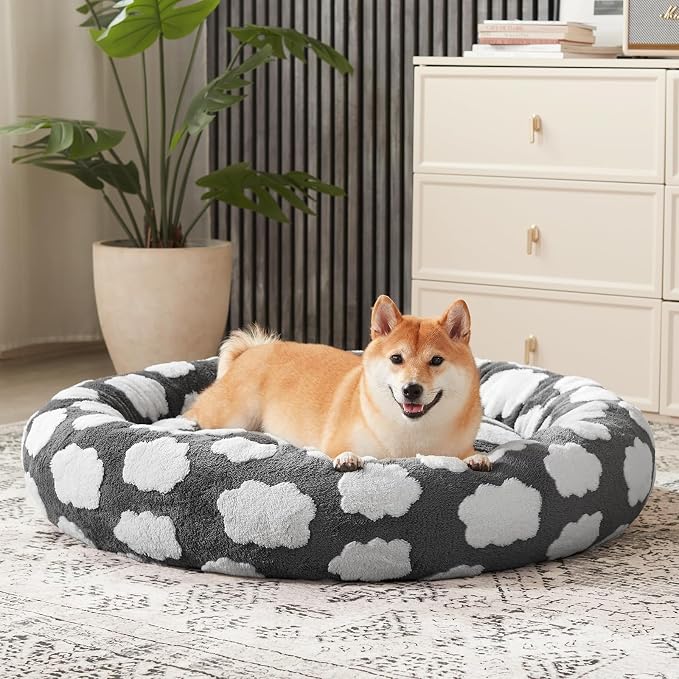 JOEJOY Jacquard Donut Round Dog Beds Large Sized Dog,Grey 36x36x8in, Removable Washable Cover, Cute Pattern, Ultra Soft Fluffy Calming Pet Bed with Thick Supportive Bolster